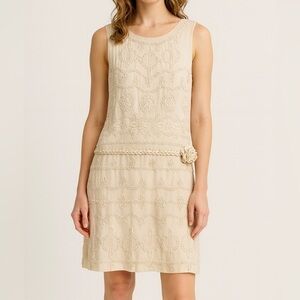 BCBGMaxAzria Embroidered Drop Waist Cream Sleeveless Dress